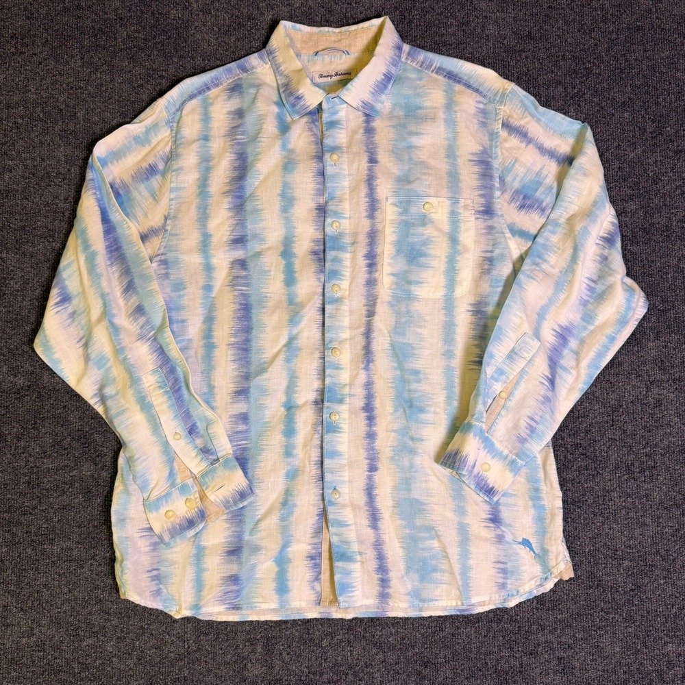 Tommy Bahama Mens Large 100% Linen Blue Stripe Long Sleeve Button Down Shirt